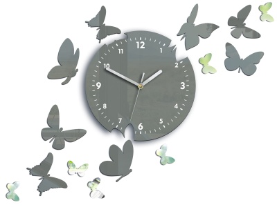Zegar ścienny Motyle szaro -lustrzane - 14 motyli