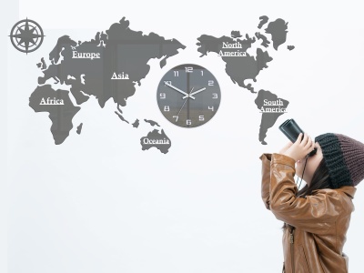 Zegar ścienny World - mapa świata szara