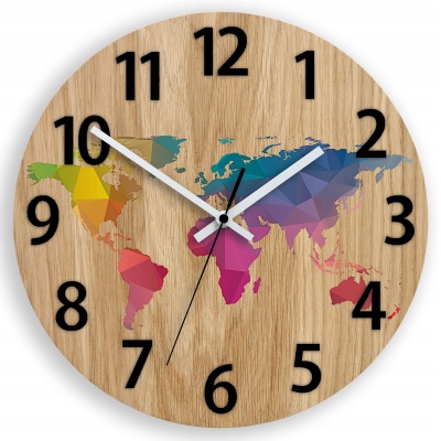 Zegar ścieny drewniany MAPA ŚWIATA KOLOR CYFRY 3D